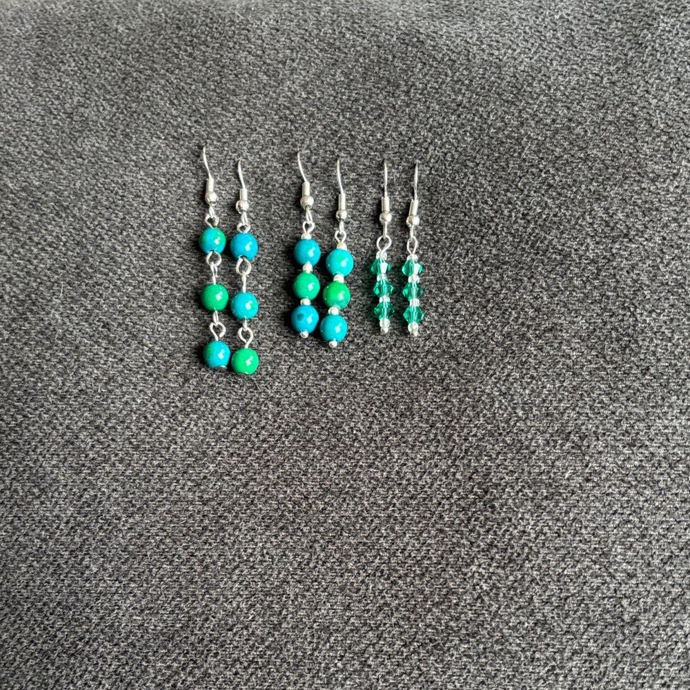 Elegant Green and Blue Beaded Earrings Hand Crafted set of 3 - Picture 2 of 9